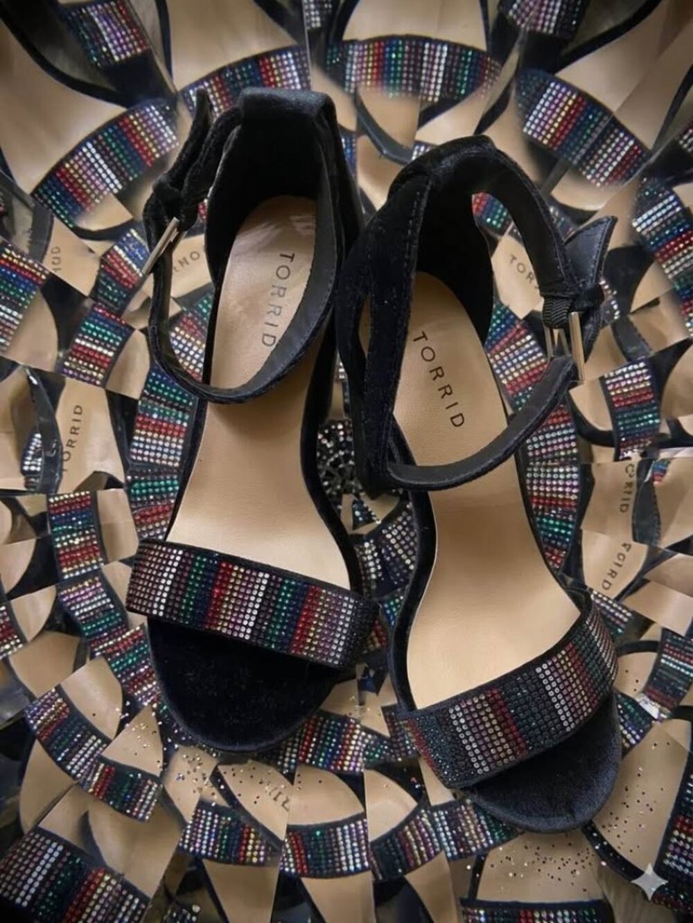 Kaleidoscope Velvet Block Heel Tapered Rainbow Rhinestone Shoes – Size 7.5W